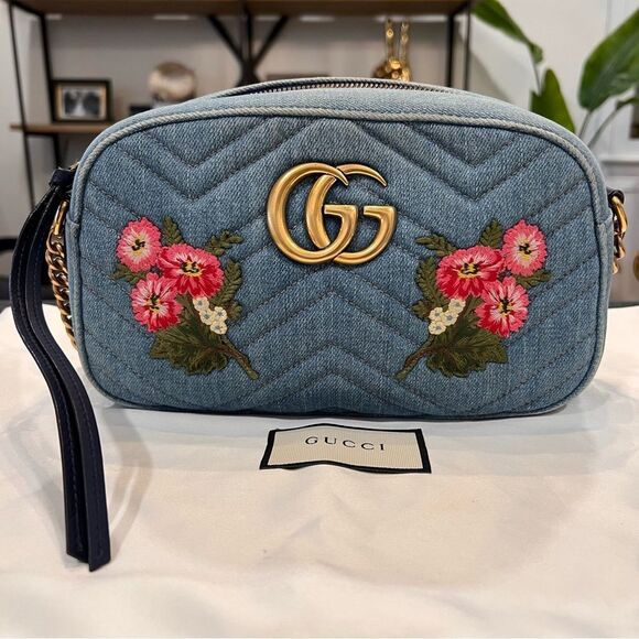 GUCCI
Denim Matelasse Embroidered Small GG Marmont Chain Shoulder Bag Blue - Picture 3 of 12
